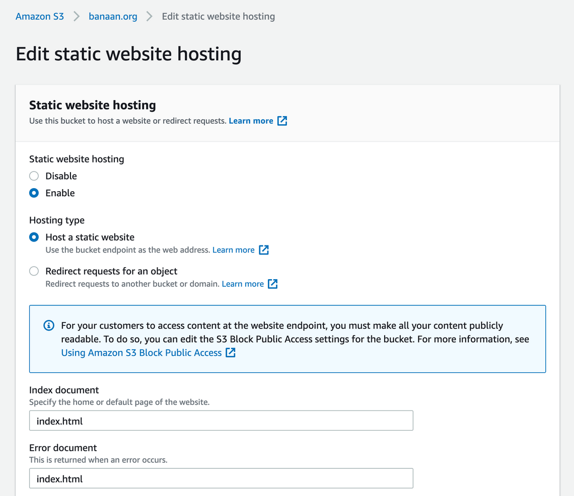 enable static website hosting